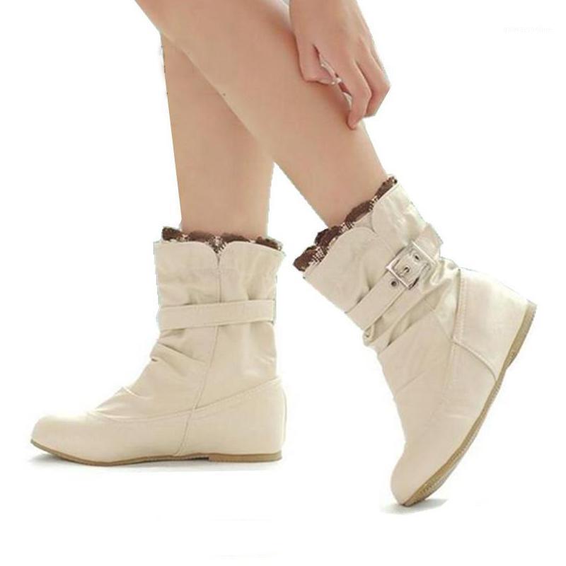 

shoes large Size 34-43 autumn winter women boots shoes woman Ladies sweet Ruffles Buckle mid-calf boots woman1, Beige