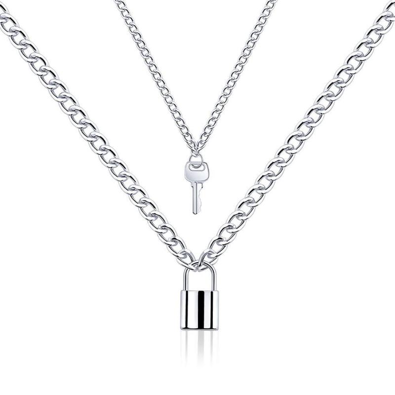 

Retro Punk Thick Metal Chain Double Layer Clavicle Necklace Pendant Key Lock Long Sweater Chain Necklaces for Women Jewelry