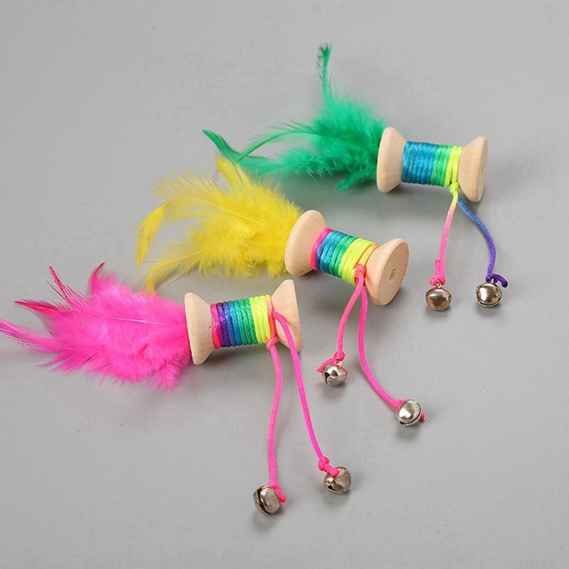 

Pet Cat Wooden Rolling Toy With Colorful Straps, Feather Bell Interactive Teaser Kitten Toy interactive cat durable