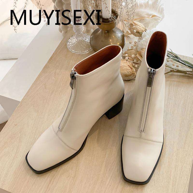 

Genuine leather zipper ankle boots square toe 6cm high heels women fashion office lady winter shoes plus size 43 QQJ04 MUYISEXI1, Black