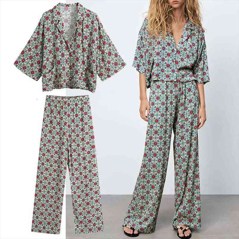 

Za Women 2 Piece Set Female Vintage Print Shirts Set Casual Blouse High Waisted Pants Woman Outfit Suit, White