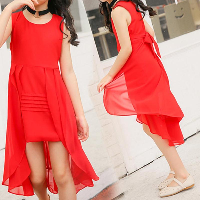 

Kids Girls Solid Color Sleeveless O Neck Swallowtail Irregular Princess Dress, Red 120cm