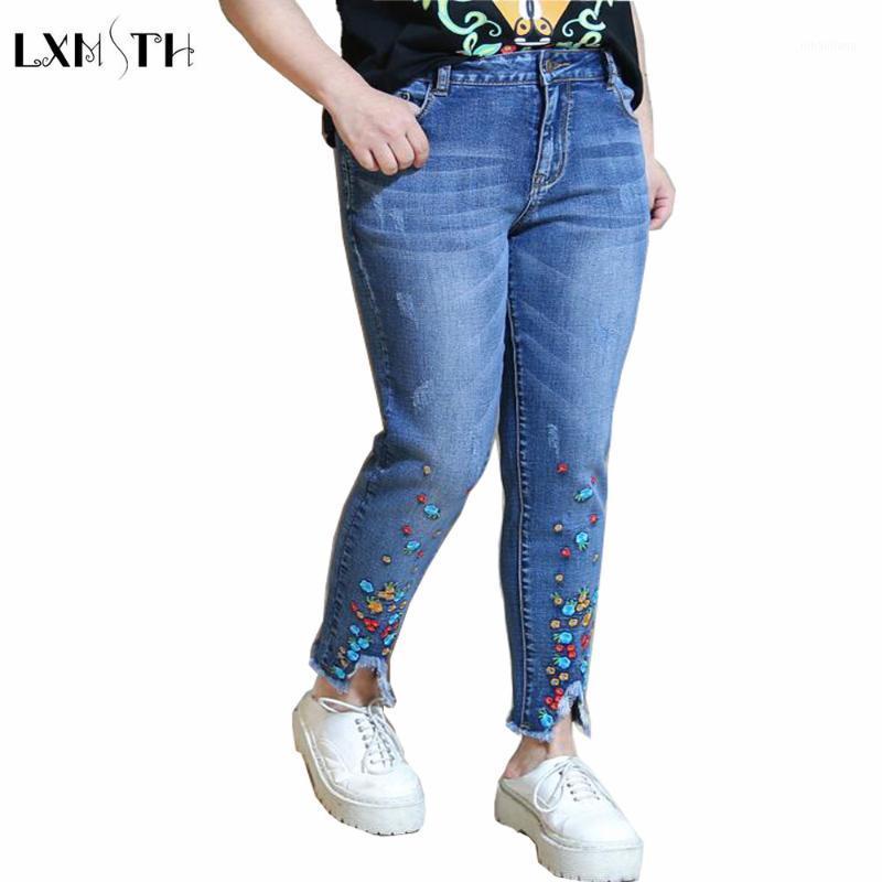

2XL 3XL  Women Jeans Pants 2020 Spring High Waist Casual Trousers Jeans Woman Plus Size Tassels Embroidery Ankle-Length Pants1, Blue