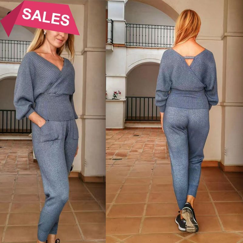 

2021 New Sweater and Set Casual Knitted Sweaters Pants 2pcs Track Suits Women Trousers+jumpers Sets with Pocket Zjzk, Green 1199