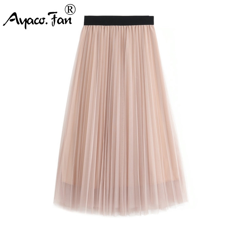

Summer Tulle Skirts Womens Girls Sweet Lady Black Gray Pink Adult Tulle Skirt Female Elastic High Waist Pleated Midi Skirt Y200326