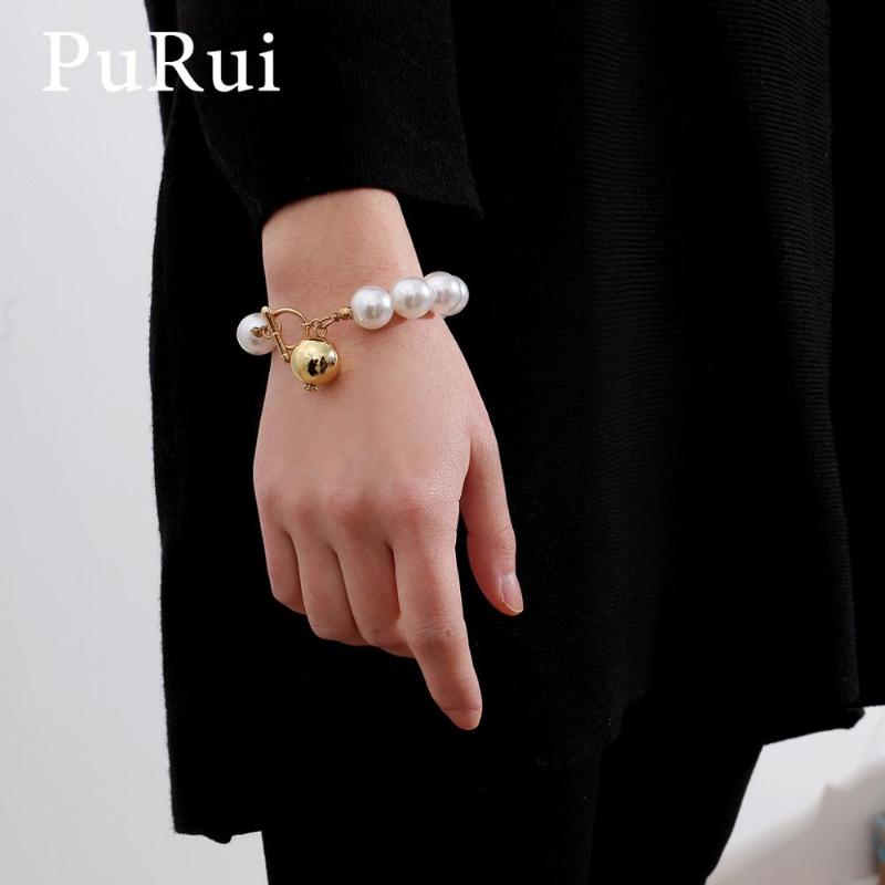 

Charm Bracelets PuRui Faux Pearl Bracelet For Women Luxury Round Bead Ball Chain Bangles Cuff Gold Color Wedding