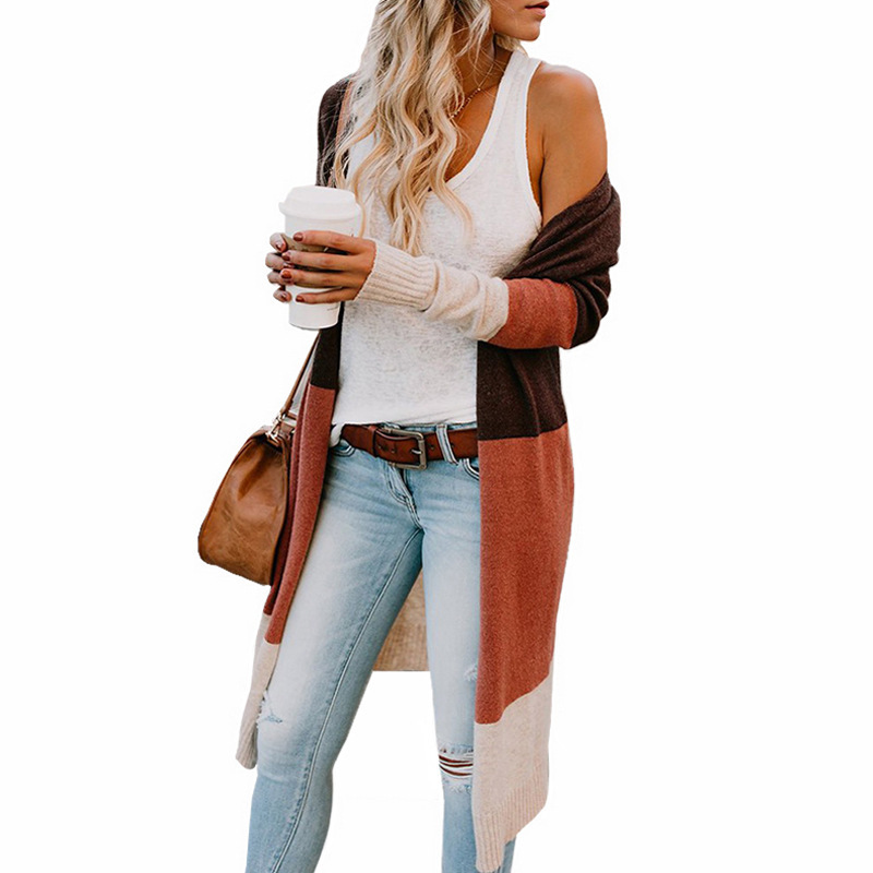 

Frente aberta trs cores listra emendando camisola longa cardigan outerwear, Brown