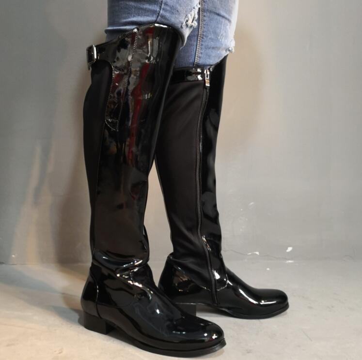 

Women Trecho Sexy Back Patchwork Horsemen to Knee Redfoot Twinkle Toe Ladies Punk Style Zipper Boots in Square Heel Dk74, As pic