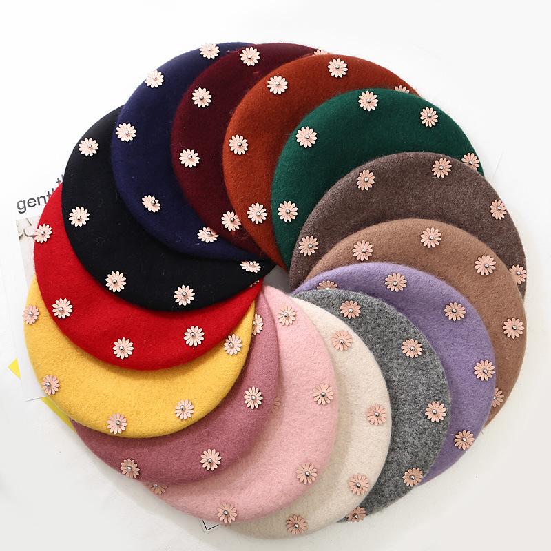 

HT3469 New Autumn Winter Hat Women Wool Berets Fashion Flower Winter Beret Hat Ladies French Berets for Women Artist Painter, Green