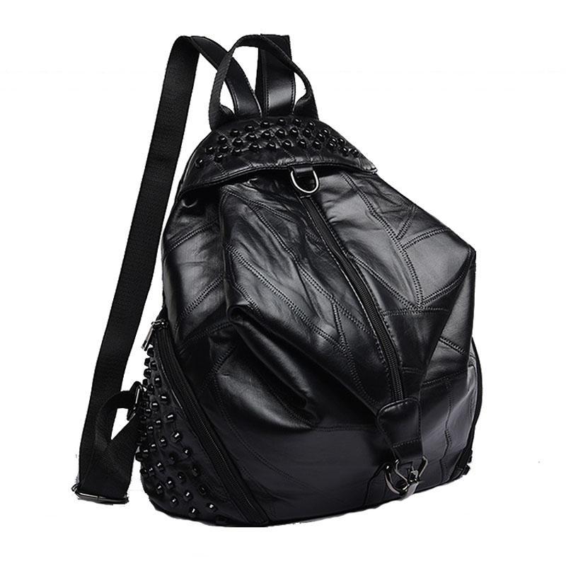 

2021 Rivets Women Shoulder Backpack Bag Female Sheepskin Genuine Leather High Quality Ladies Woman School Backpack Teenage Girls, Black