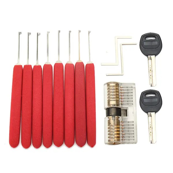

8pcs red hrandle kaba lock opener lock pick tools with transparent practice padlock locksmith practice training set