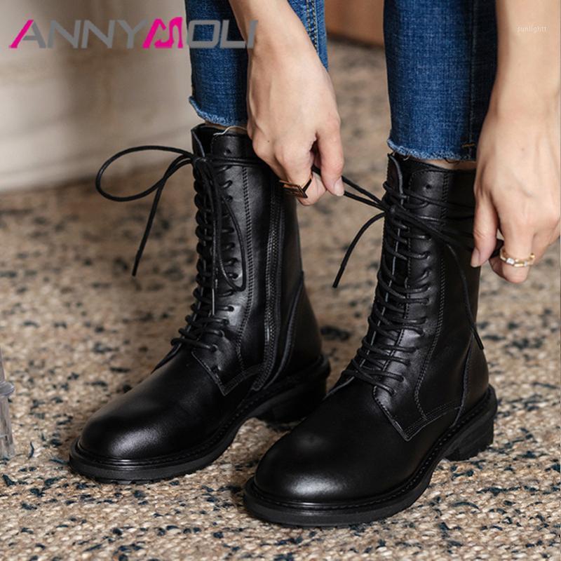 

ANNYMOLI Real Leather Motorcycle Boots Woman Med Heel Ankle Boots Lace Up Thick Heel Short Zip Ladies Shoes Black Size 401, Black synthetic lin