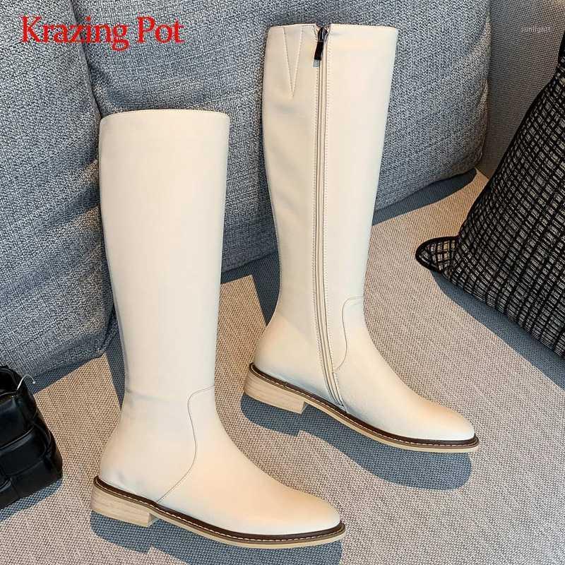 

Krazing pot riding boots natural leather solid shiny sweet girls round toe thick low heel zipper beauty lady knee high boots L881, Beige