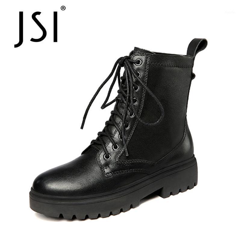 

JSI Concise Punk Style Mid-calf Boots Woman Genuine Leather High Platform Thick Bottom Boots Ladies Lace Up JO6851, Black
