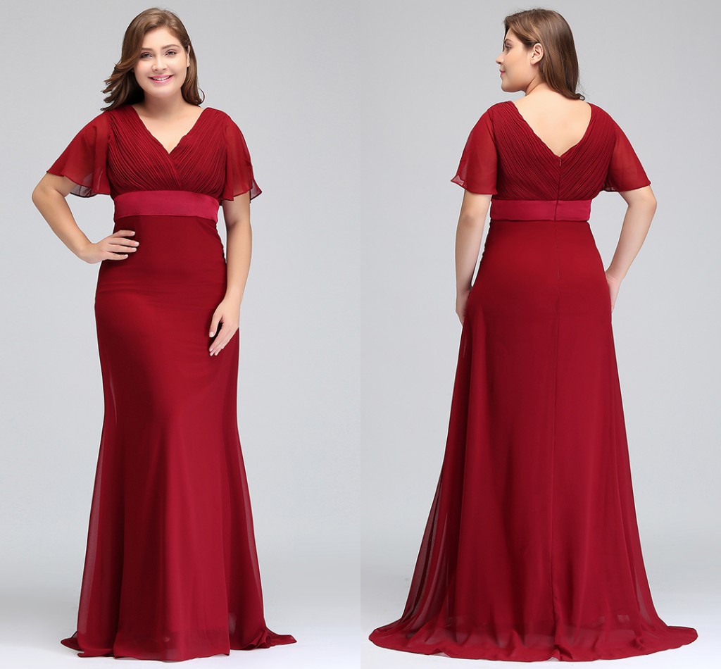

2018 New Cheap Dark Red Plus Size Occasion Dresses with Short Sleeves V Neck Pleats Chiffon Formal Evening Prom Gowns CPS715, Black;red