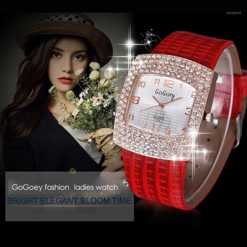 

Wristwatches 2021 Fashion Diamond Women Watch Red Leather Strap Casual Wrist Big Dial Rose Gold Case Lady Watches Wristwatch Clock1