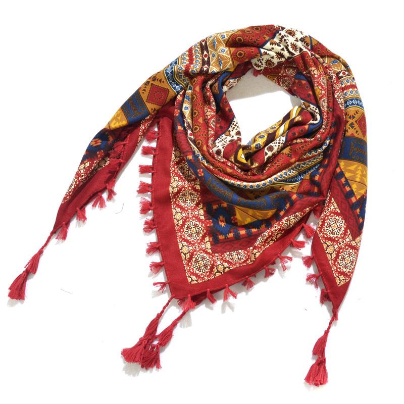 

115*115cm Women National Cotton Square Scarf Female Bohemian Floral Print Shawls Scarves Retro Knot Tassel Bandana Foulard Wrap