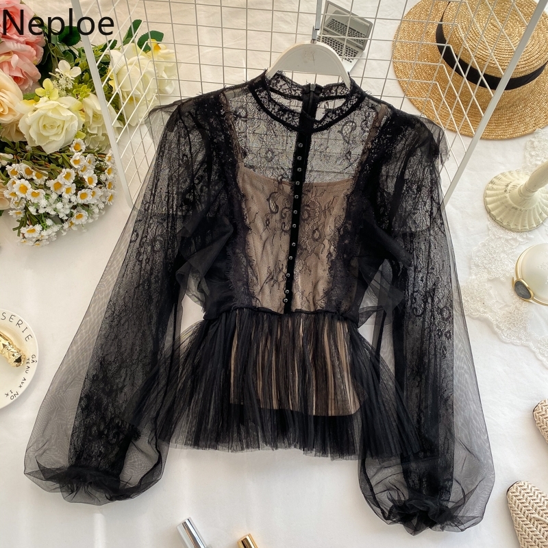 

Neploe Chic Lace Patchwork Ruffles Blouse Sexy Perspective Single Breasted Blusas O Neck Puff Long Sleeve Shirt Party Fall 48158 201201, Black