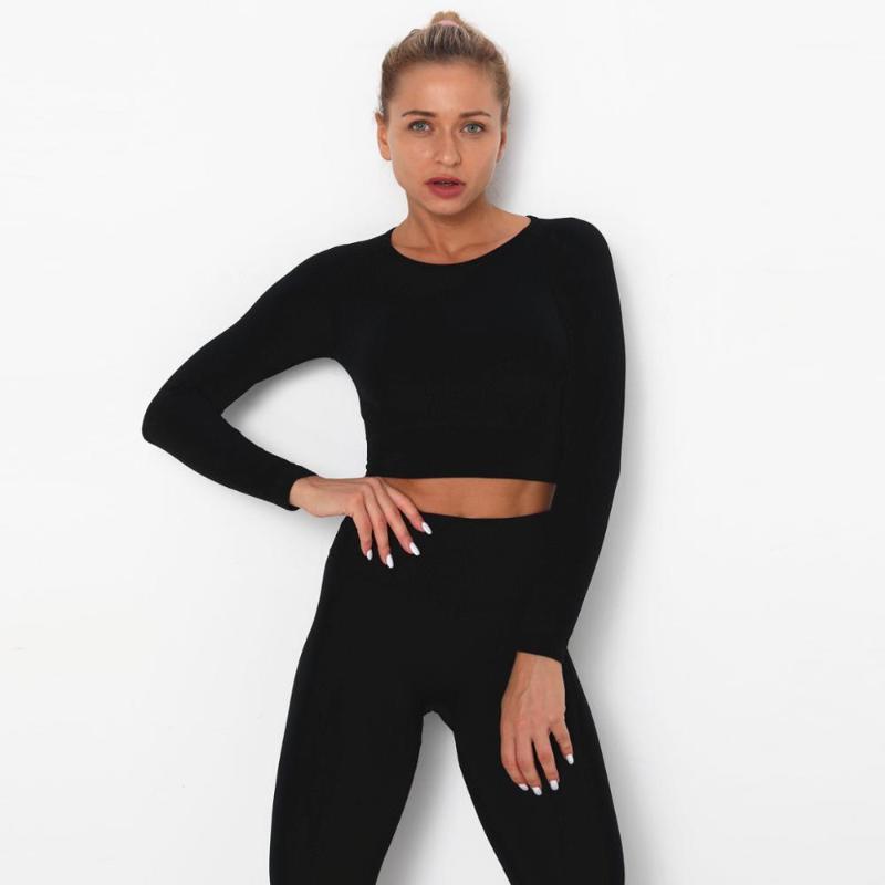 

Women Seamless Yoga Set Gym Clothing Fitness Leggings+Cropped Shirts Sport Suit Women Long Sleeve Tracksuit Active Wear1, Beige