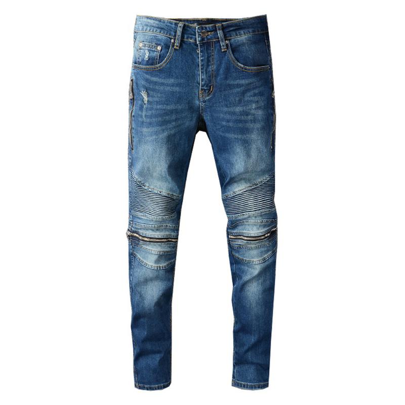 

Men's Blue Bikers Jeans Streetwear Zipper Pleated Stretch Denim Pants Slim Skinny Trousers High Quality
