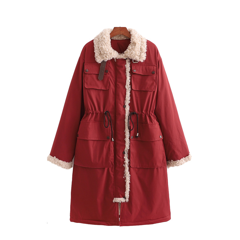 

2021 New Streetwear Women Turn Down Collar Parker Winter Fashion Ladies Pocket Overcoat Causal Female Button Thick Outercoat 58rf, Red