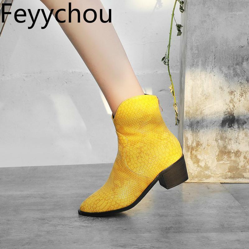 

Women's Boots Autumn Winter Med Heel Snake Pu Zip Ankle Pointed Toe Boots Thick Heel 2020 Sexy New Fashion Black Yellow1