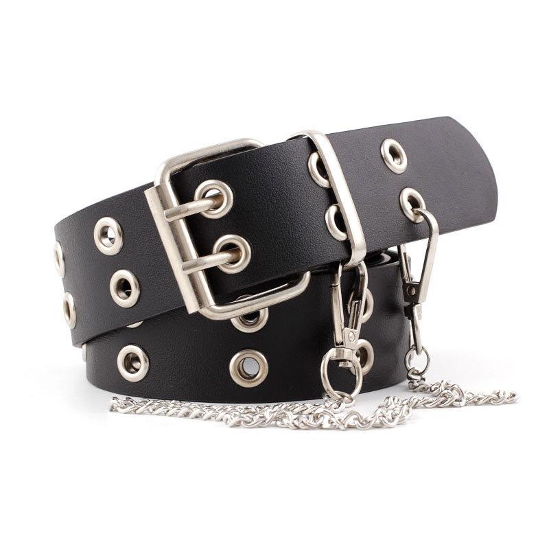 

HUOBAO Vintage Women Punk Chain Belt Black Double Single Eyelet Grommet Leather Buckle Belt Female Ladies Waist Jeans Belts