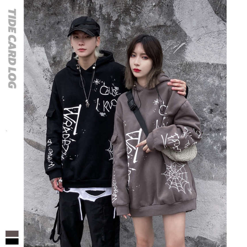 

Autumn winter new high street hip hop graffiti embroidery printed Hoodie thickened tide br men's and women's couple's top, Black