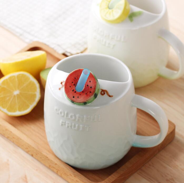 

Cute Fruit Mugs With Spoon Creative Ceramic Coffee Breakfast Milk Water Mug Porcelain Cup Home Drinkware Glasses Gift, 02