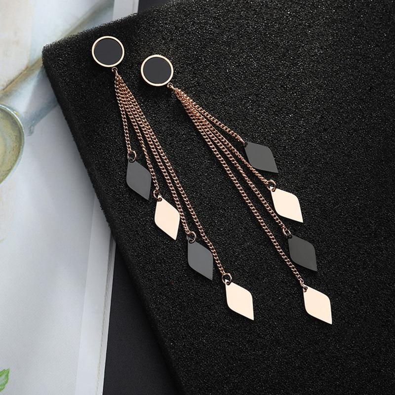 

New Brand Geometric Squares Multi-layered Long Tassel Drop Earrings For Women Titanium Steel Dangle Earrings Piercing Jewelry, Silver