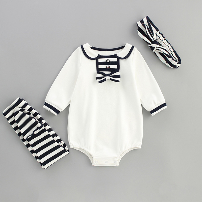 

2021 New Newborn Clothing Peter Pan Collar Infant Baby Girls Rompers+striped Leggings+ Headband Spring Clothes Jumpsuit 7bcy, White