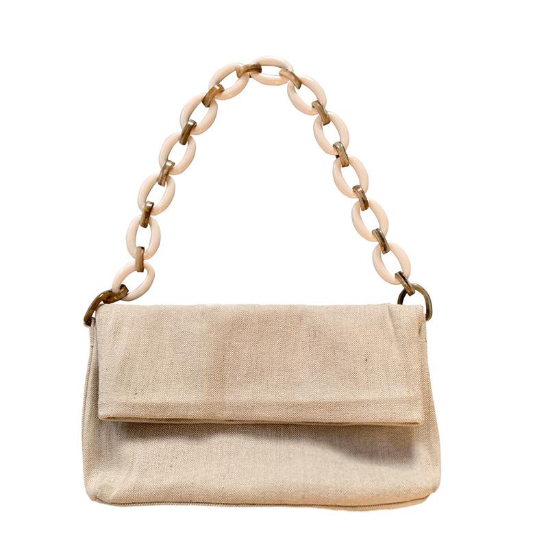 

2021 Spring Summer Korean New Fashion Acrylic Chain Canvas Single Shoulder Underarm Bag Envelope Fold Handbag Minimalist Normore, Beige