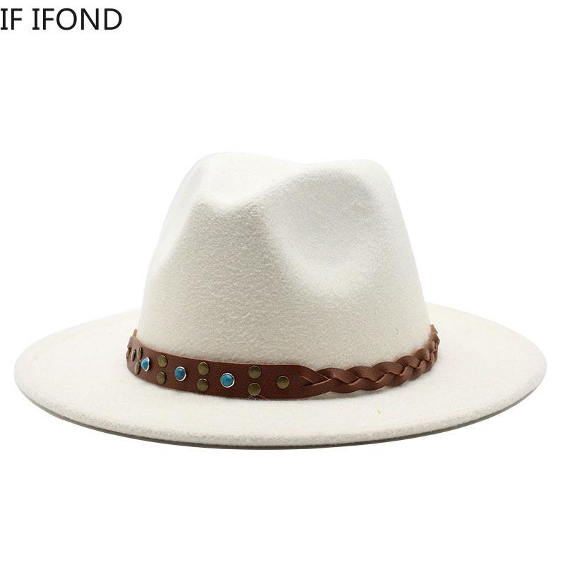 

Simple Wide Brim Wool Fedora Hat For Women British style Felt Jazz Hats Fall Winter Panama Dress Hat, White