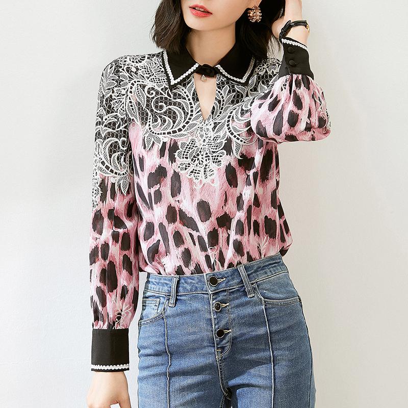 

100% Natural Real Silk Women' Casual Shirt Elegant Turn-down Collar Long Sleeve Pure Silk Lady Print Blouse Spring Autumn Tops, Picture color