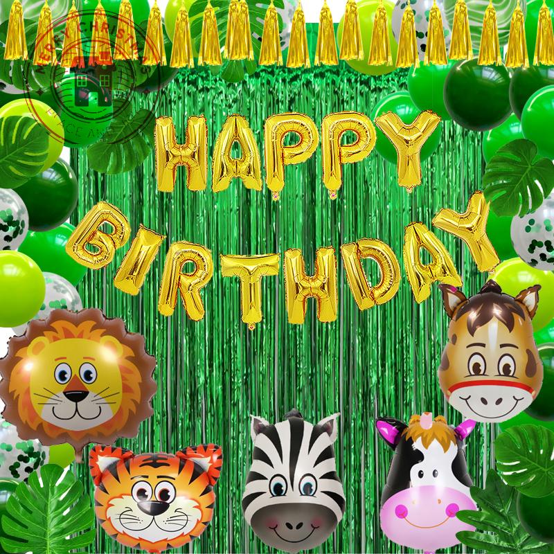 

Green Balloon Jungle Animal Theme Birthday Set Party Flag Animal Head Aluminum Foil Balloon Green Rain Curtain Decor Supplies