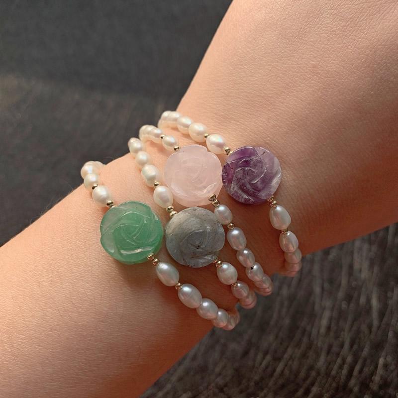 

100% Real Freshwater Pearl Strand Bracelets Women Flower Charm Natural Amethysts Pink Quartz Labradorite Crystal Bracelets Reiki