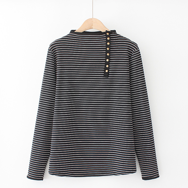 

Sleeve T-shirt Long of Women's High Collar Big Size Striped Tops Vintage Casual Shirts Rwvk, Black