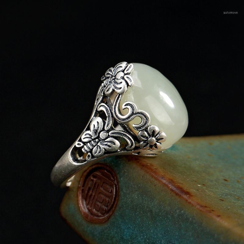

Silver 925 ring Sterling silver woman ring Costume jewelry vintage topaz Vintage butterfly flower inlaid with white jade opening1