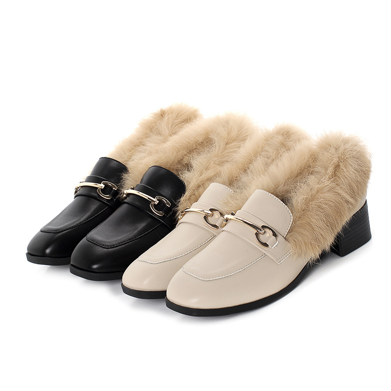 

Hot Sale-New Women Winter Shoes Middle Heels 3cm Classic Retro Style Design Luxury Office Dress Shoes Red Bottoms Lady Warm Fur Shoes, Black