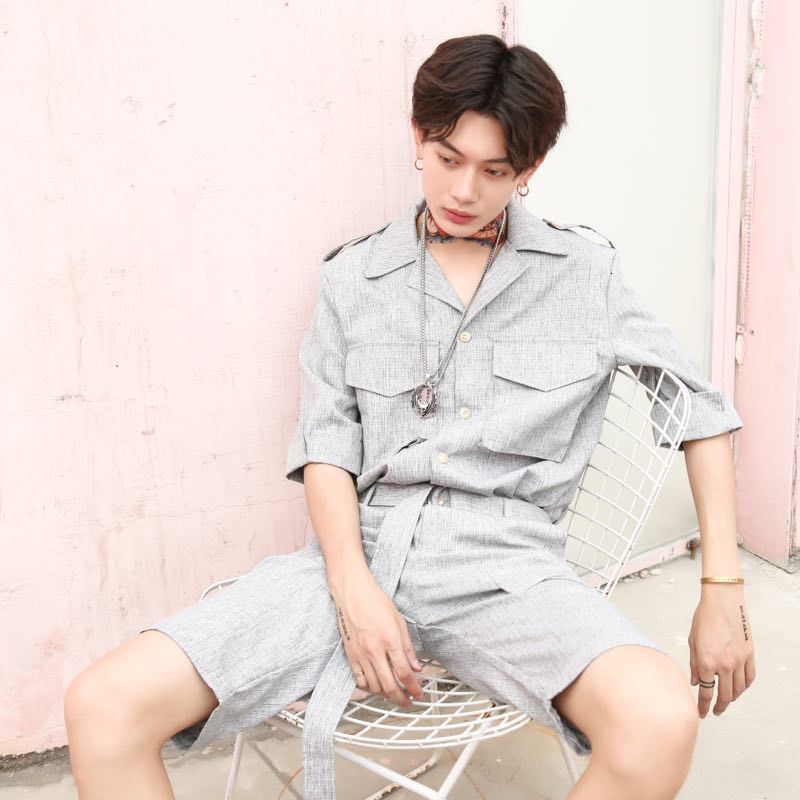 

2021 Summer New Fashion Short-sleeve Shirt Shorts of Two Garments Korean Style Hair Stylist Men Suit 21OX, 11