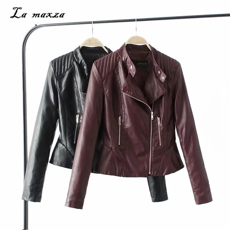 

2020 Women Autumn PU Leather Jacket and Coat Moto Bomber Crop Parkas Jacket Women Vintage Plus Size, Burgundy