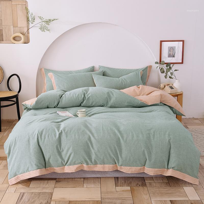 

2020 Summer bedding set AB side duvet cover pillowcase bed linen fitted sheet modern solid 100%washed cotton bedding twin queen1, White