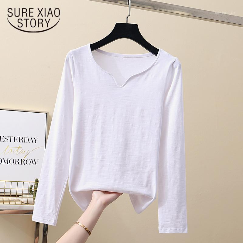 

T Shirt Women Blue Women Tshirt 2019 Autumn Fashion Slim V-neck Comfortable Bamboo Cotton Long Sleeve Bottoming Top 7199 501, White