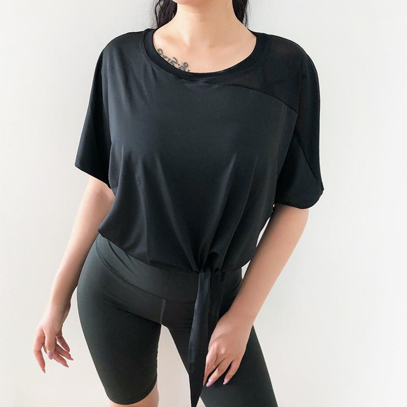 

Womens Sexy Mesh Yoga Short Sleeves Shirts Quick Dry Fitness Workout Shirts O-Neck Running T-shirts Anti-Wrinkle Knotted Design1, Black