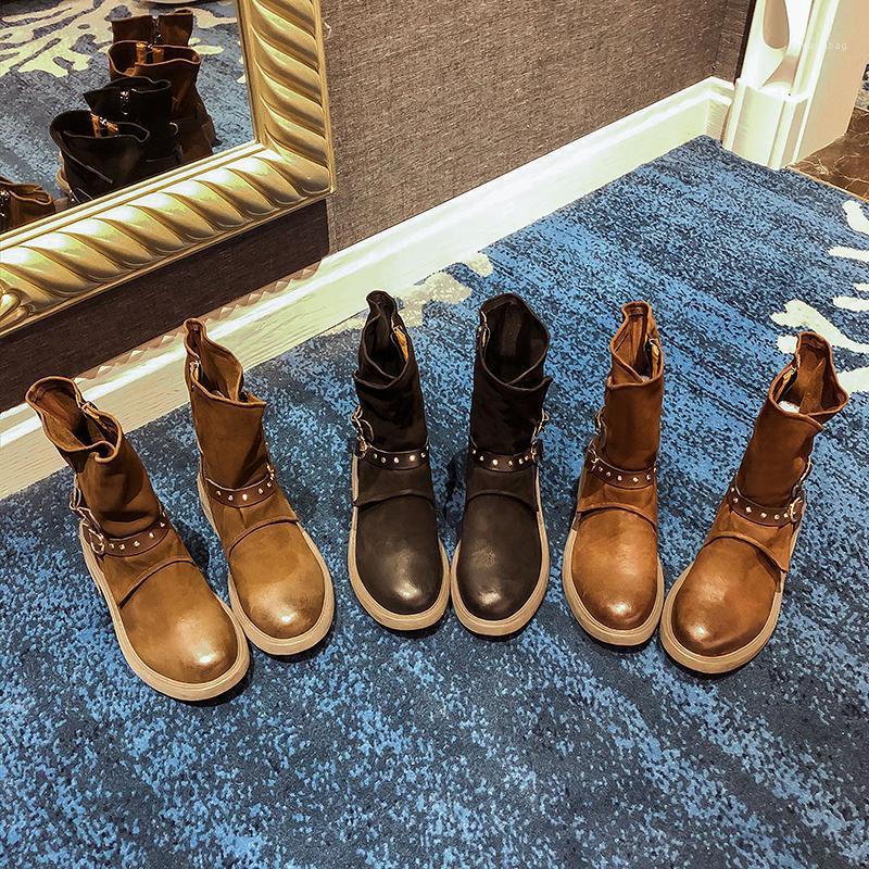

Europe and America autumn and winter retro handmade shoes boots rivet belt buckle stitching heel in tube locomotive1, Khaki list