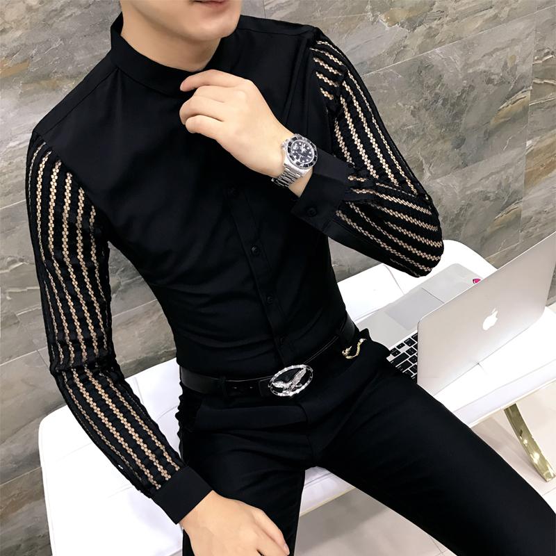 

Men Club Prom Shirt Black White Perspective Lace Openwork Shirt Men's Long Sleeves Slim Tuxedo Men's Clothing 2020 New