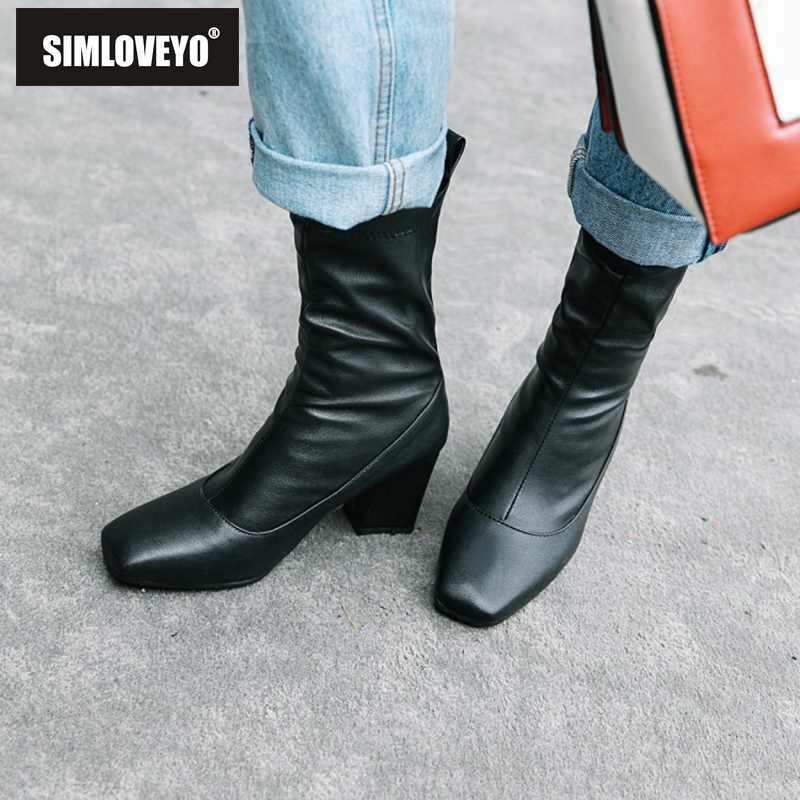 

SIMLOVEYO Winter Ankle Boots Square toe Thick high heel slip on Shoes Women Botas feminino mujer Pu leather Black White A1324b, Black velvet