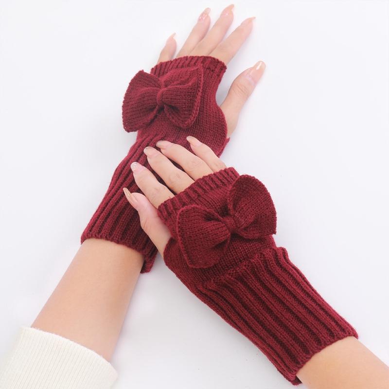 

Five Fingers Gloves Women Winter Knit Fingerless Cute Bowknot Thumb Hole Mittens Arm Warmers XX9D