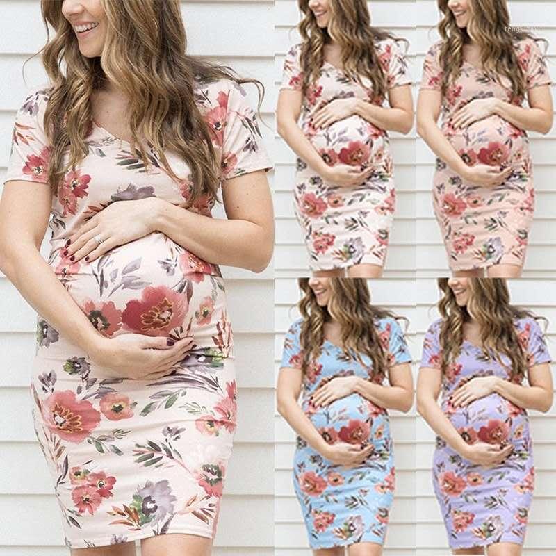 

Maternity Clothings pregnant women's dress summer new mom elastic tight printed round neck short sleeve pregnant dress1, Pink