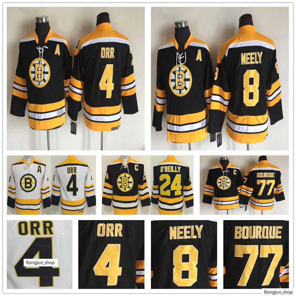 

Kids Vintage Top Quality 4 Bobby Orr Hockey Jersey 8 Cam Neely 77 Ray Bourque 24 Terry O'Reilly Youth Boy Children Retro CCM Black Jerseys